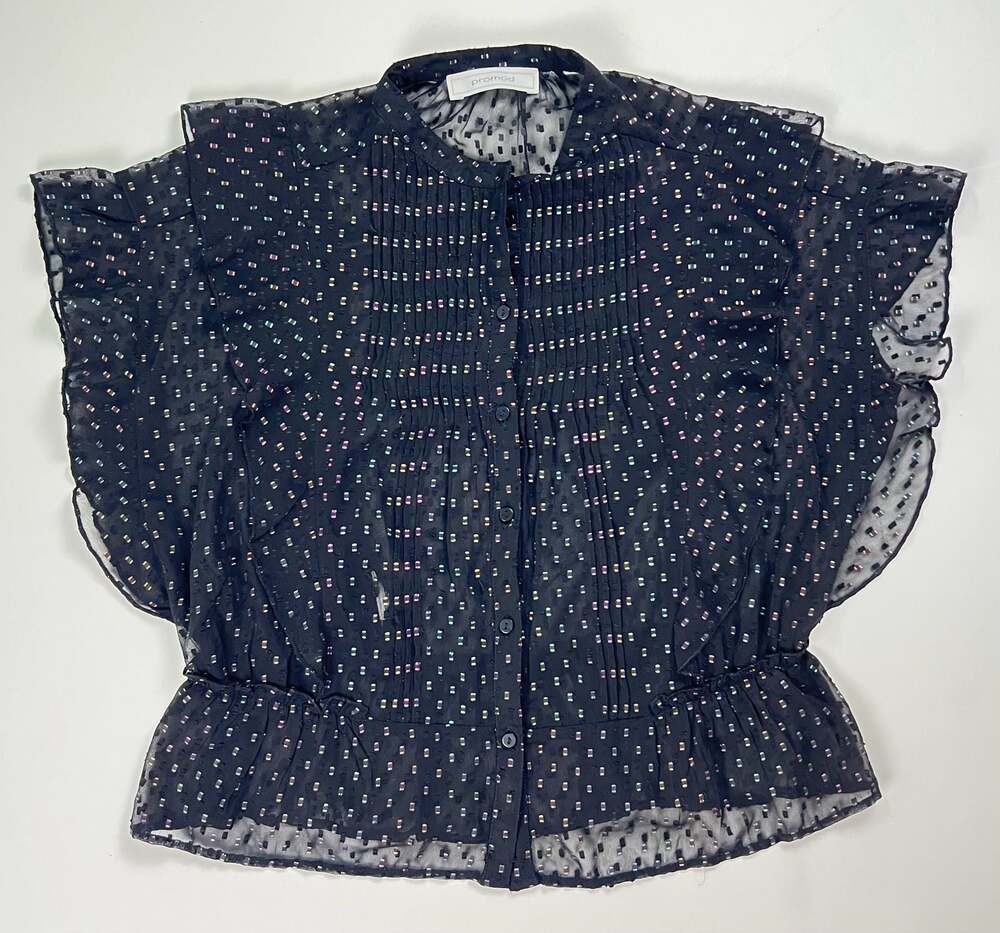 Promod Black Sheer Ruffle Blouse with Holographic Dobby Dot Print